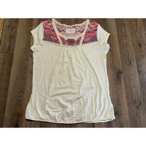 RuffHewn Embroidered Top Womens Large Ivory Red Blue Boho Peasant Excellent